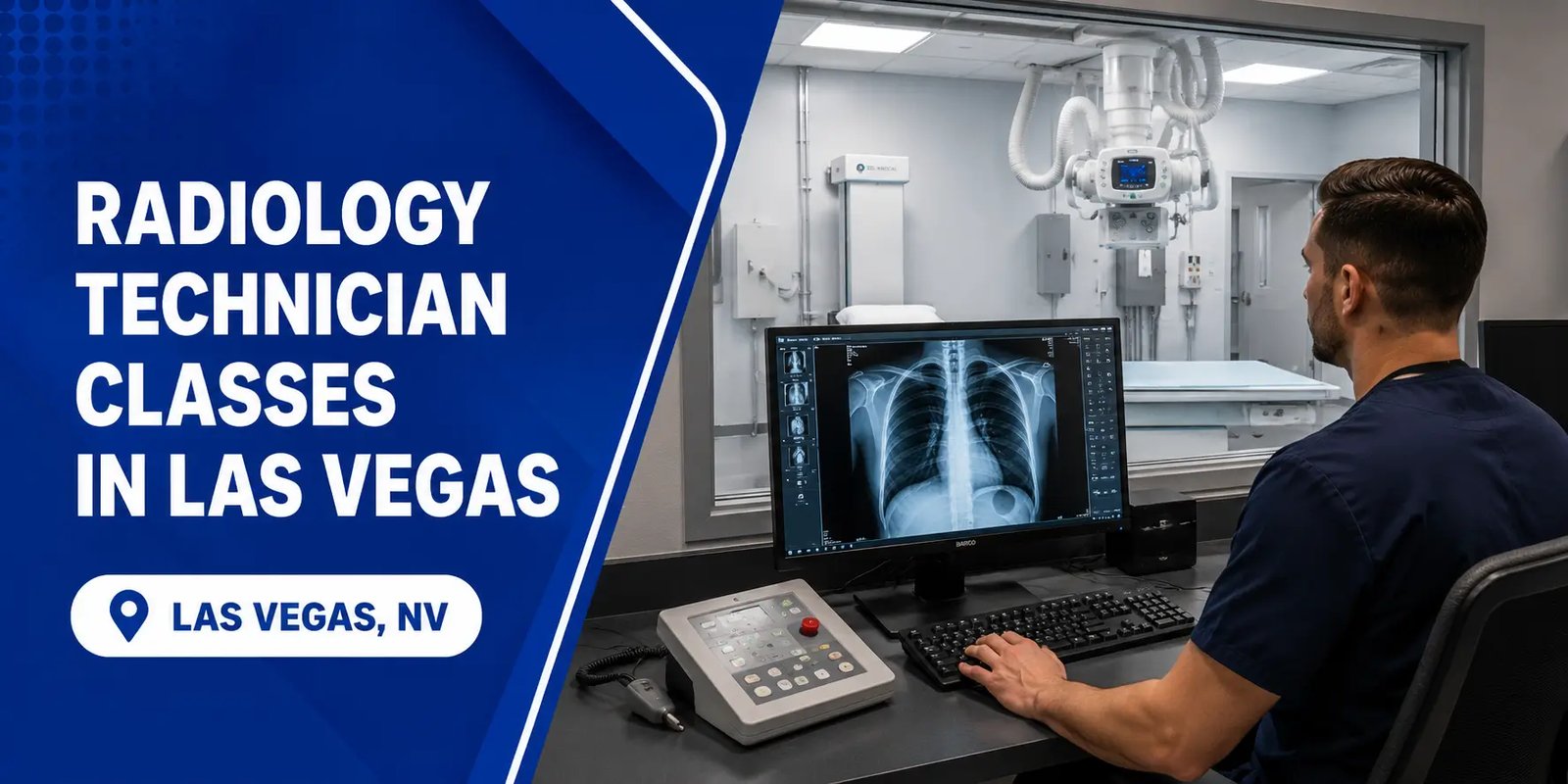 Male radiology technologist reviewing a chest X-ray at a control station with an X-ray examination room visible behind him in Las Vegas.