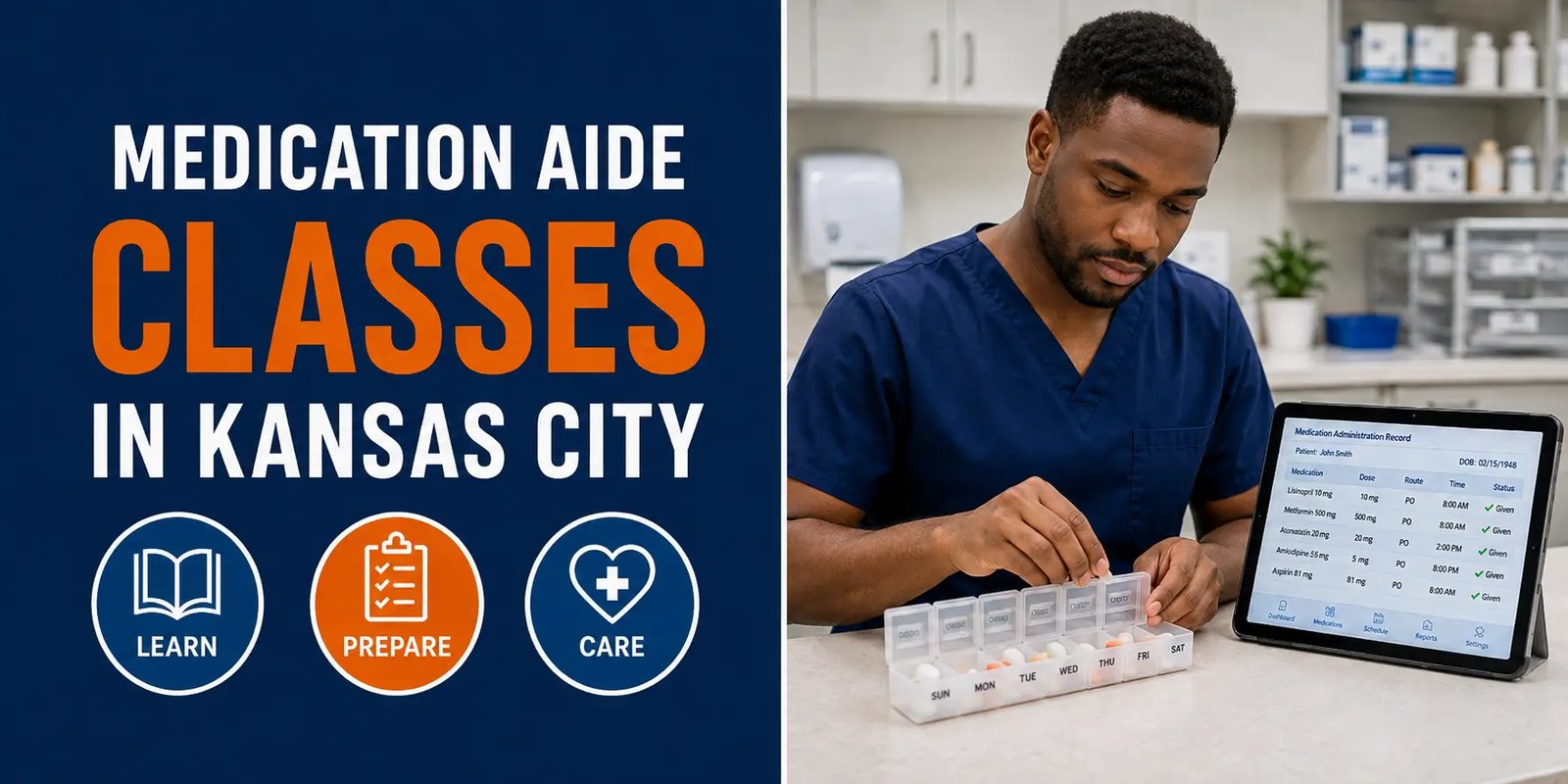 Medication aide in navy blue scrubs organizing medications into a daily pill organizer while reviewing a digital medication record.