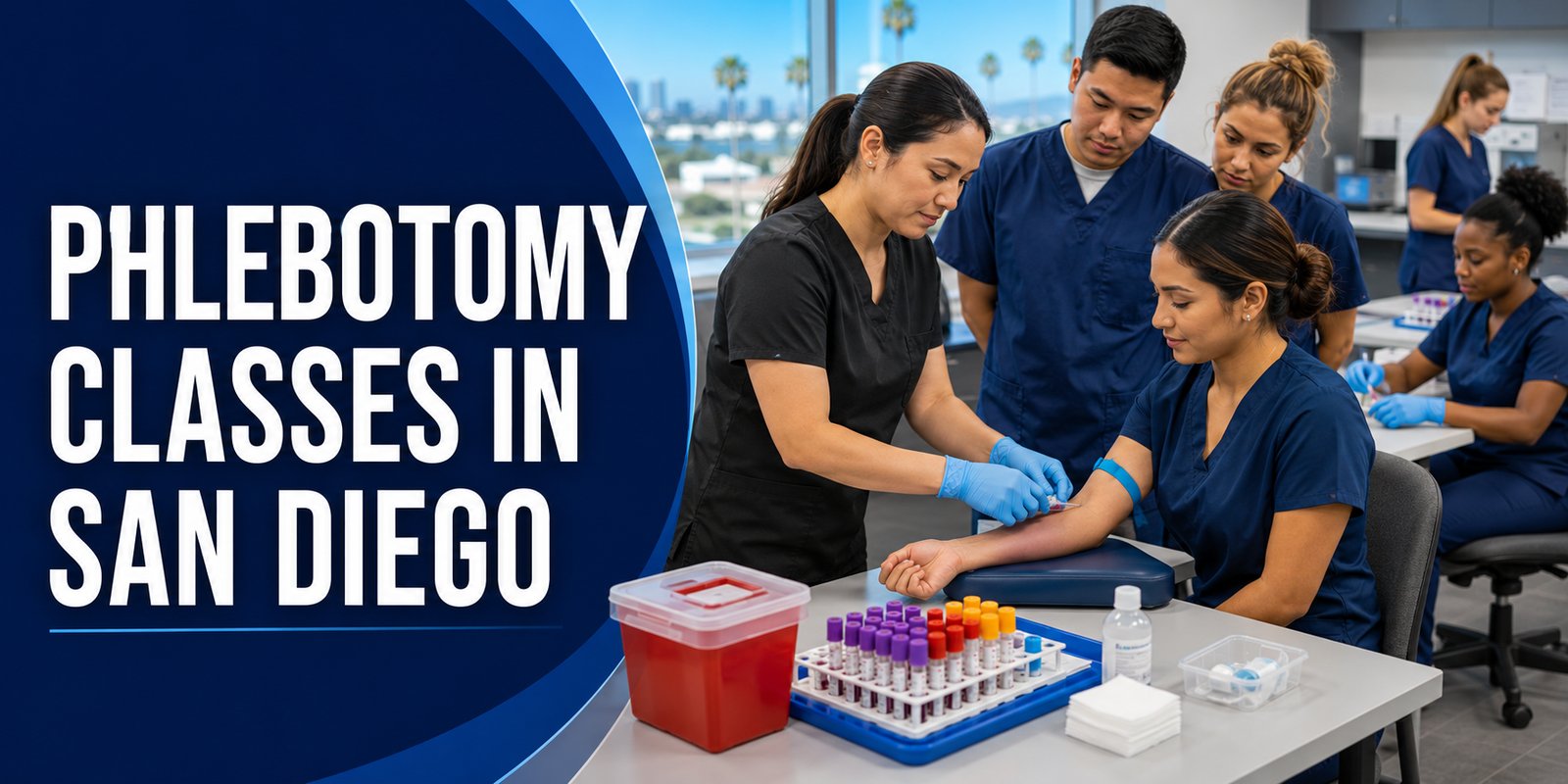 An instructor in black scrubs demonstrates a blood draw on a seated student as classmates look on, with the text Phlebotomy Classes in San Diego.