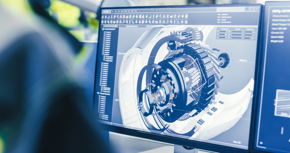 A computer screen displays a detailed mechanical design, illustrating the complex work of a mechanical engineering technologist.