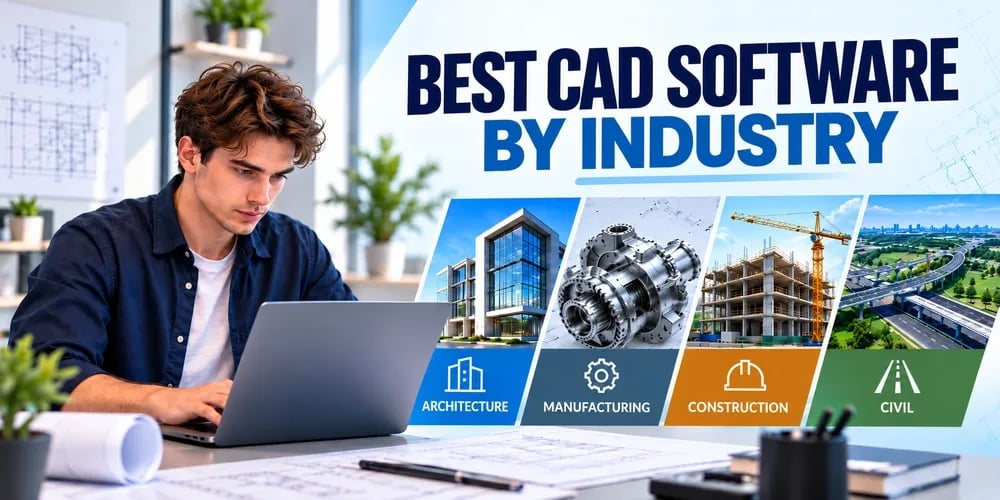 A young man works at a laptop, with the text Best CAD Software by Industry and four industry panels: Architecture, Manufacturing, Construction, and Civil.