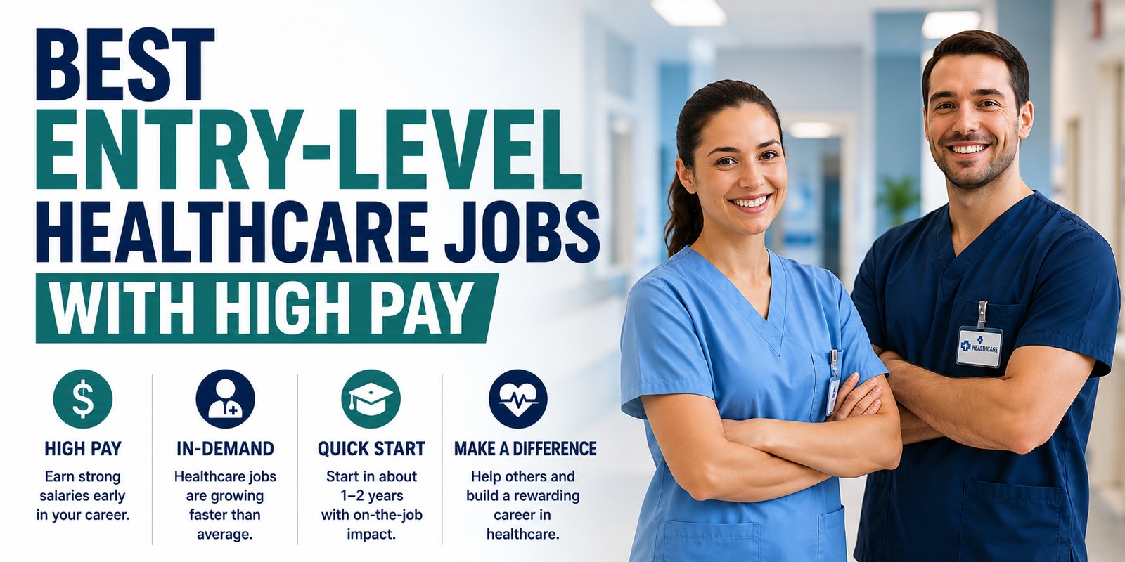 Four key features of high-paying entry-level healthcare jobs covering pay, demand, quick entry, and impact.