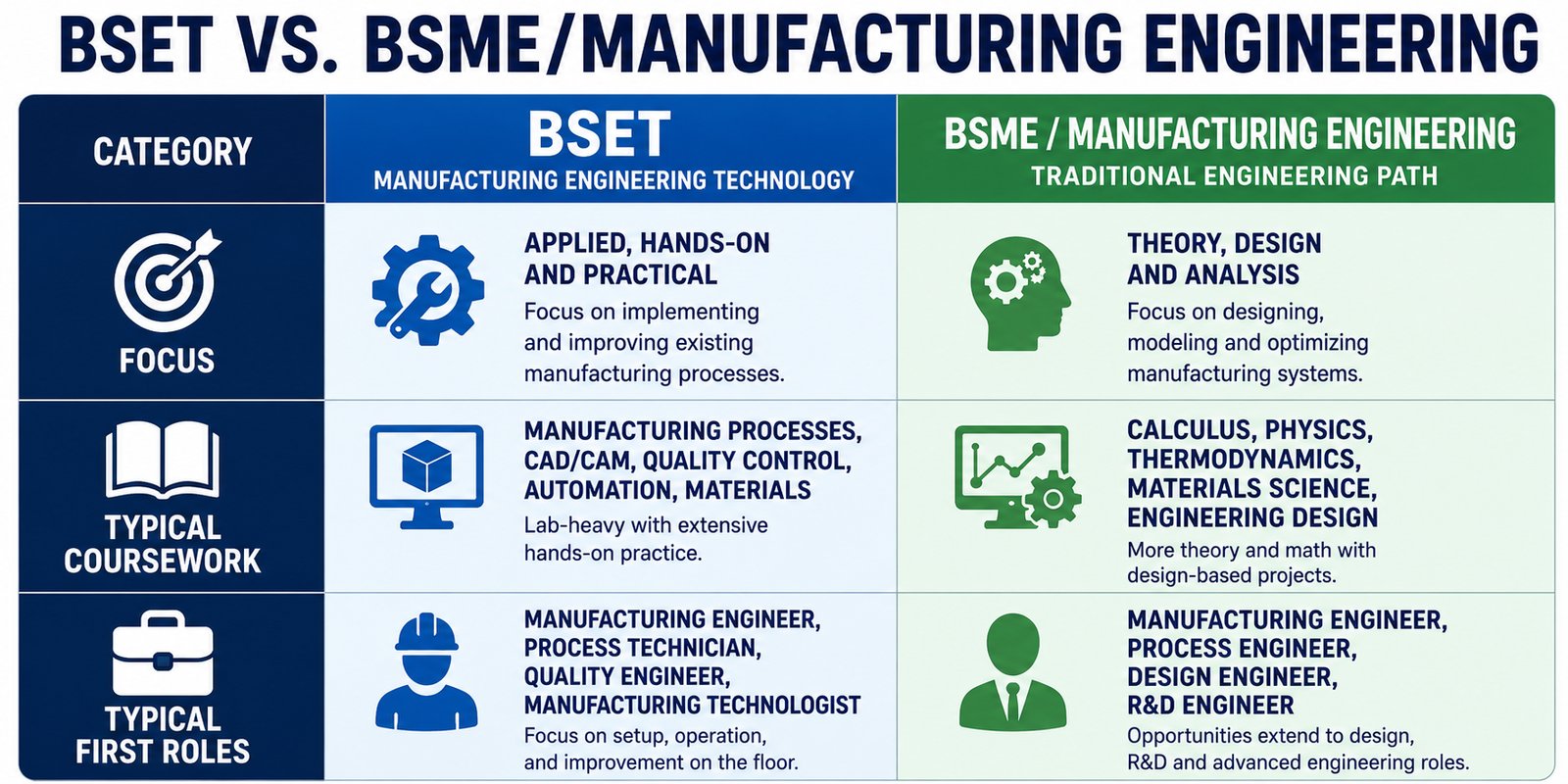 A comparison table headed BSET vs BSME/Manufacturing Engineering, contrasting the BSET (Manufacturing Engineering Technology, applied and hands-on) with the BSME (traditional engineering, theory and design) across focus, coursework, and typical first roles.