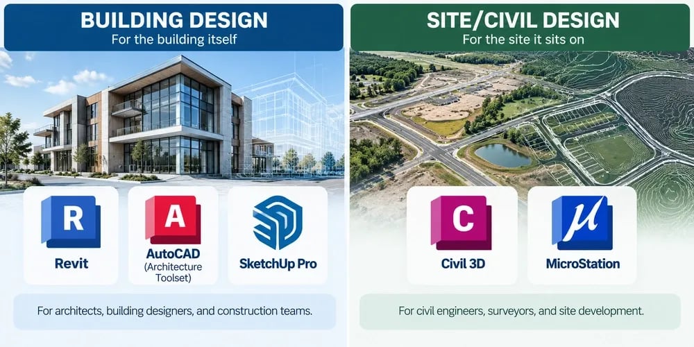 A split comparison: Building Design tools for the building itself (Revit, AutoCAD Architecture Toolset, SketchUp Pro) versus Site/Civil Design tools for the site it sits on (Civil 3D, MicroStation).