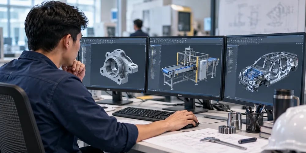 An engineer reviews 3D CAD models on three monitors, a machine part, factory machinery, and a car body, at an office workstation.
