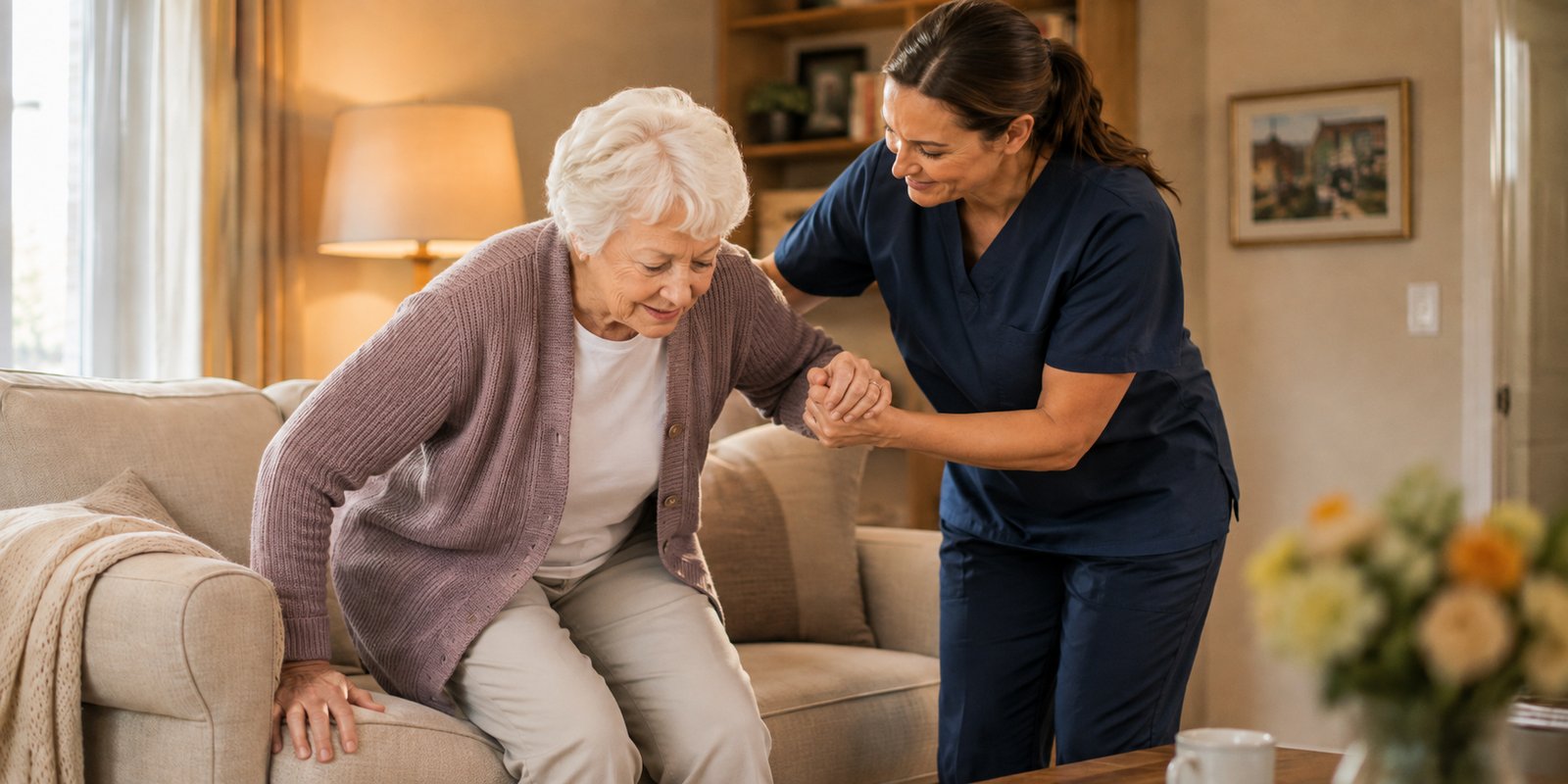 A caregiver in navy scrubs gently helps an older woman rise from a couch in a warm living room.