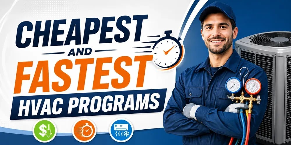 HVAC technician beside an air conditioning unit with bold text reading “Cheapest and Fastest HVAC Programs.