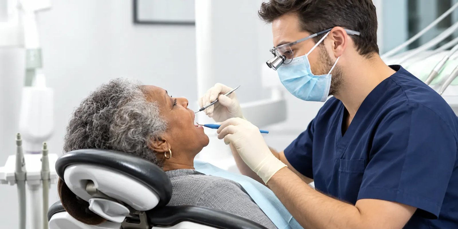 Wearing magnifying loupes, a man in navy scrubs examines an older woman's teeth in a bright white operatory.