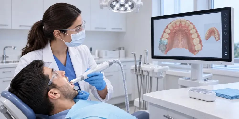 A masked dentist scans a reclined patient's teeth with an intraoral scanner, a 3D tooth scan on the monitor.