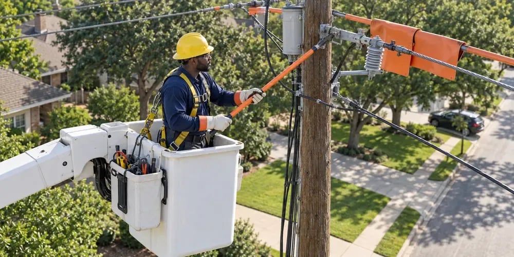 A lineman in a hard hat and safety harness works on overhead power lines from a bucket lift over a suburban street.
