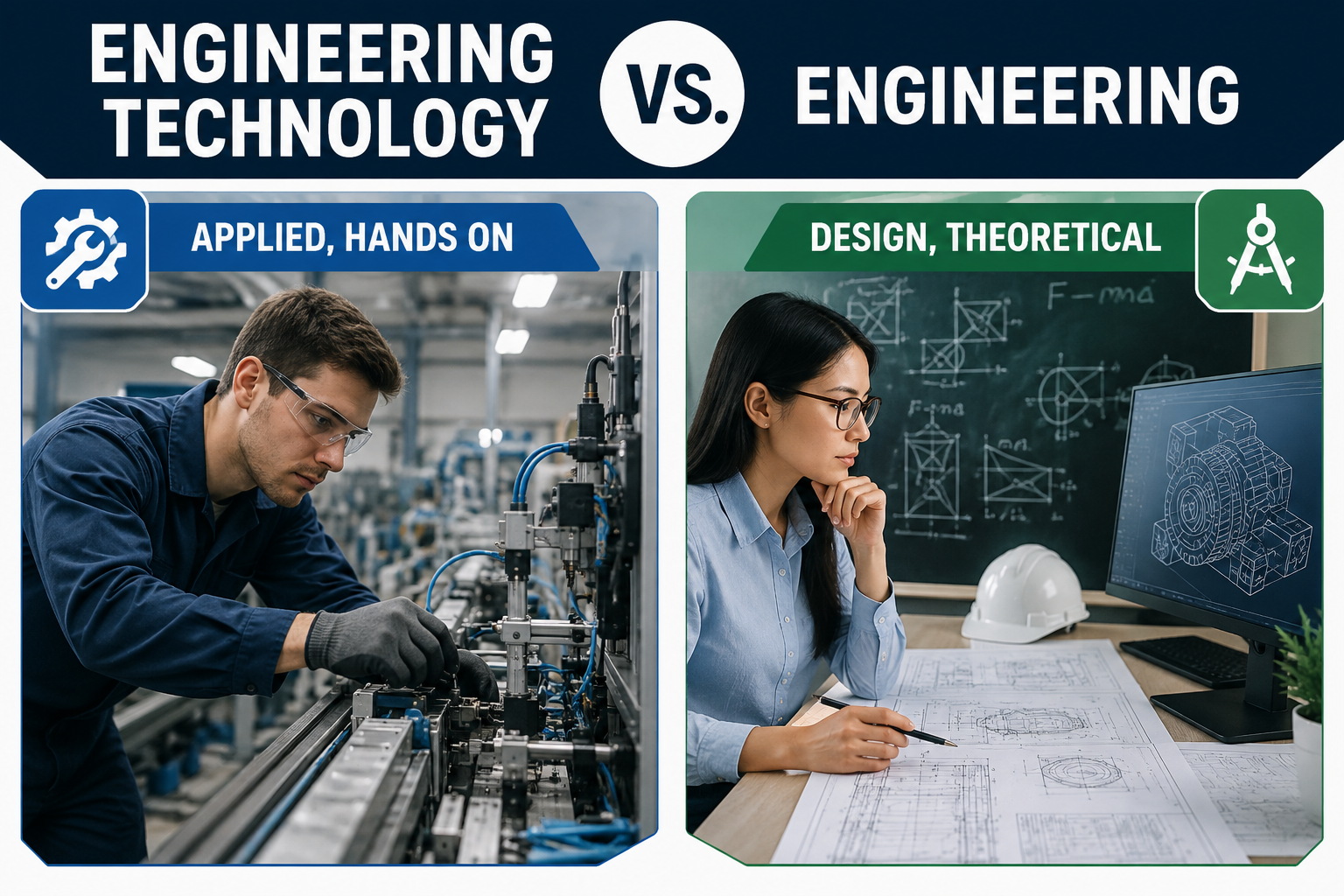 A split comparison, Engineering Technology (applied, hands-on) versus Engineering (design, theoretical): a worker adjusting factory machinery beside a woman drafting blueprints at a CAD screen.