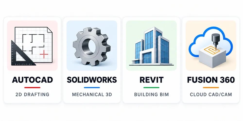 Four CAD software cards: AutoCAD for 2D drafting, SolidWorks for mechanical 3D, Revit for building BIM, and Fusion 360 for cloud CAD/CAM.
