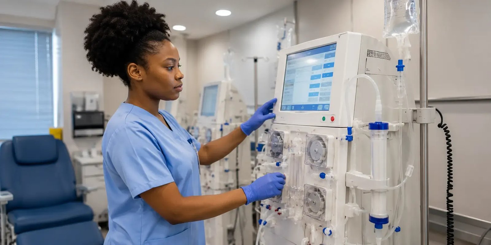 Hemodialysis technician preparing a dialysis machine with clear tubing in a clean clinical treatment room.