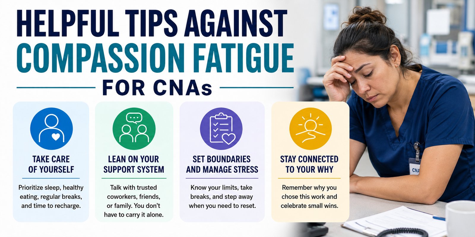 Self-care, support, boundaries, and purpose: four ways CNAs can manage compassion fatigue.