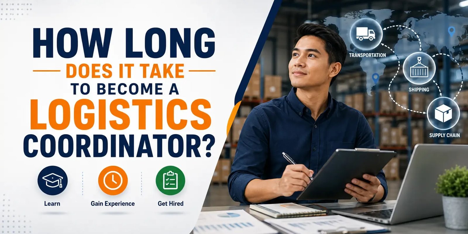 Logistics coordinator working at a warehouse desk with shipping graphics and the title “How Long Does It Take to Become a Logistics Coordinator?”