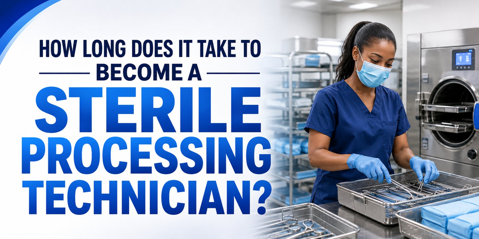A gloved tech in scrubs sorts surgical instruments into a tray by an autoclave, with the text How Long Does It Take to Become a Sterile Processing Technician?