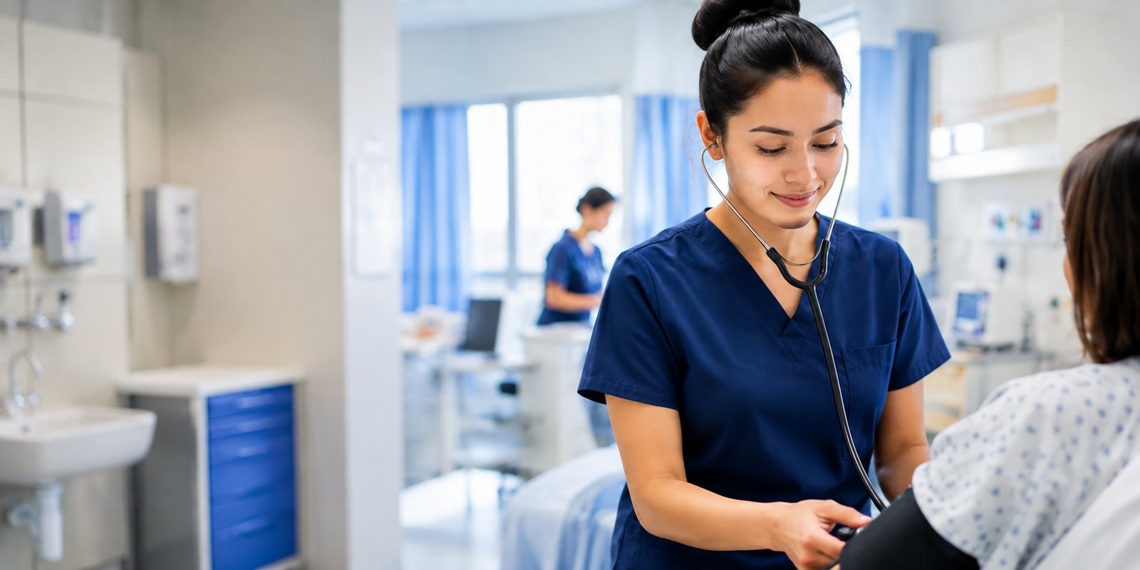 A nurse in navy scrubs checks a seated patient's blood pressure with a stethoscope in a hospital room.