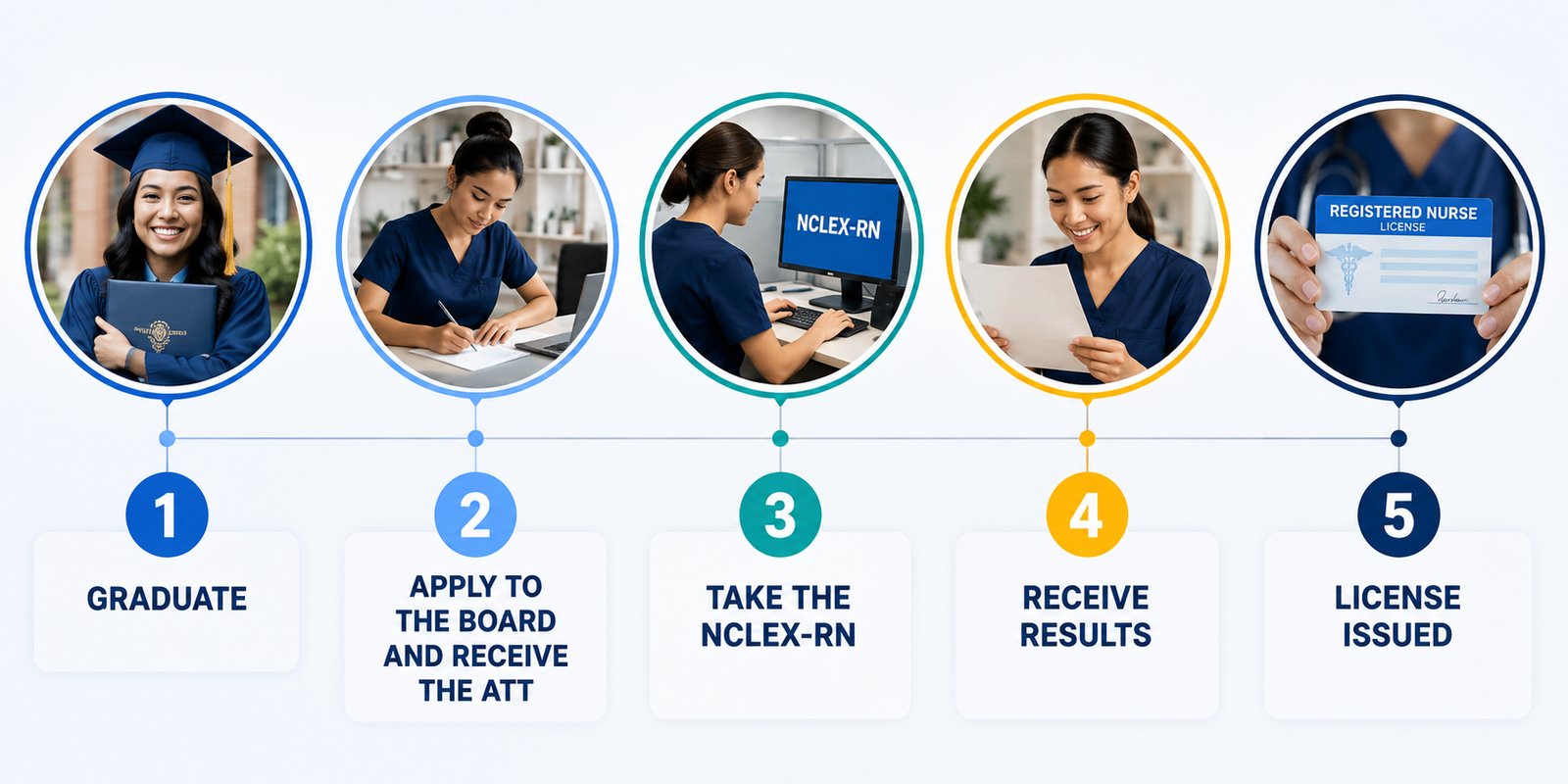 A five-step timeline to an RN license: graduate, apply to the board and receive the ATT, take the NCLEX-RN, receive results, and license issued.