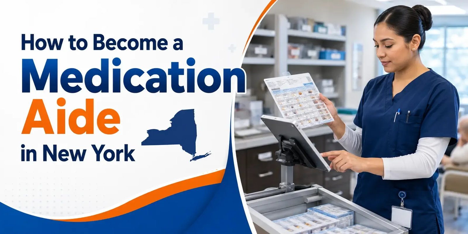 Healthcare professional in navy scrubs reviewing a medication blister pack and digital record beside a New York State graphic.
