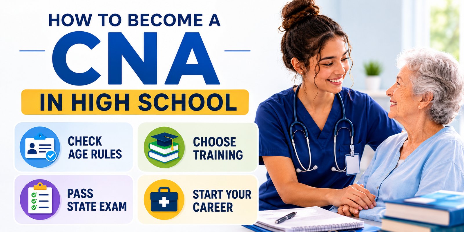 Four steps to becoming a CNA while in high school: check age rules, choose training, pass the state exam, start your career.