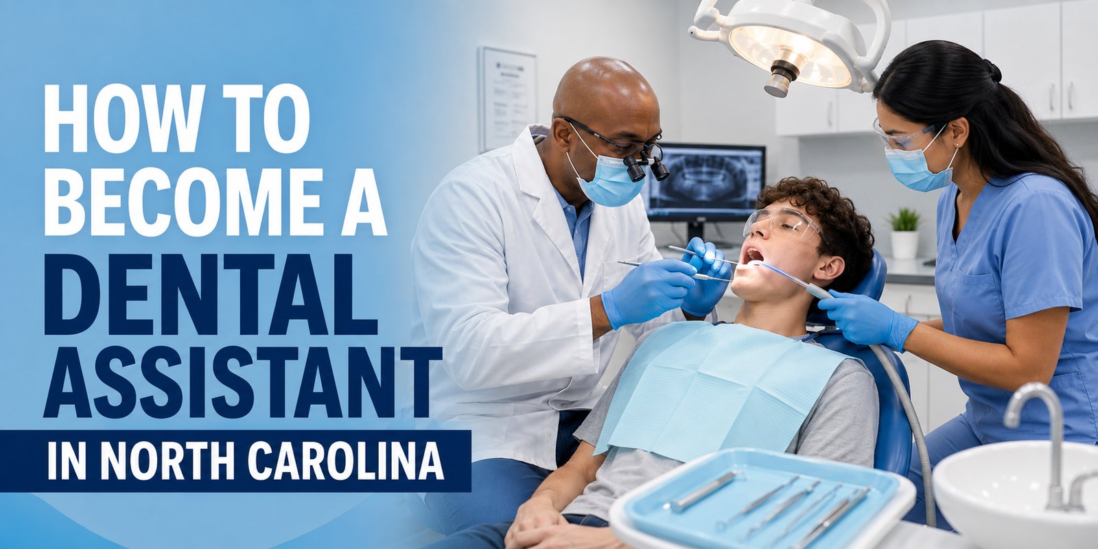A dental assistant in scrubs suctions a patient's mouth while a dentist examines it, a dental X-ray on the screen behind, with the text How to Become a Dental Assistant in North Carolina.