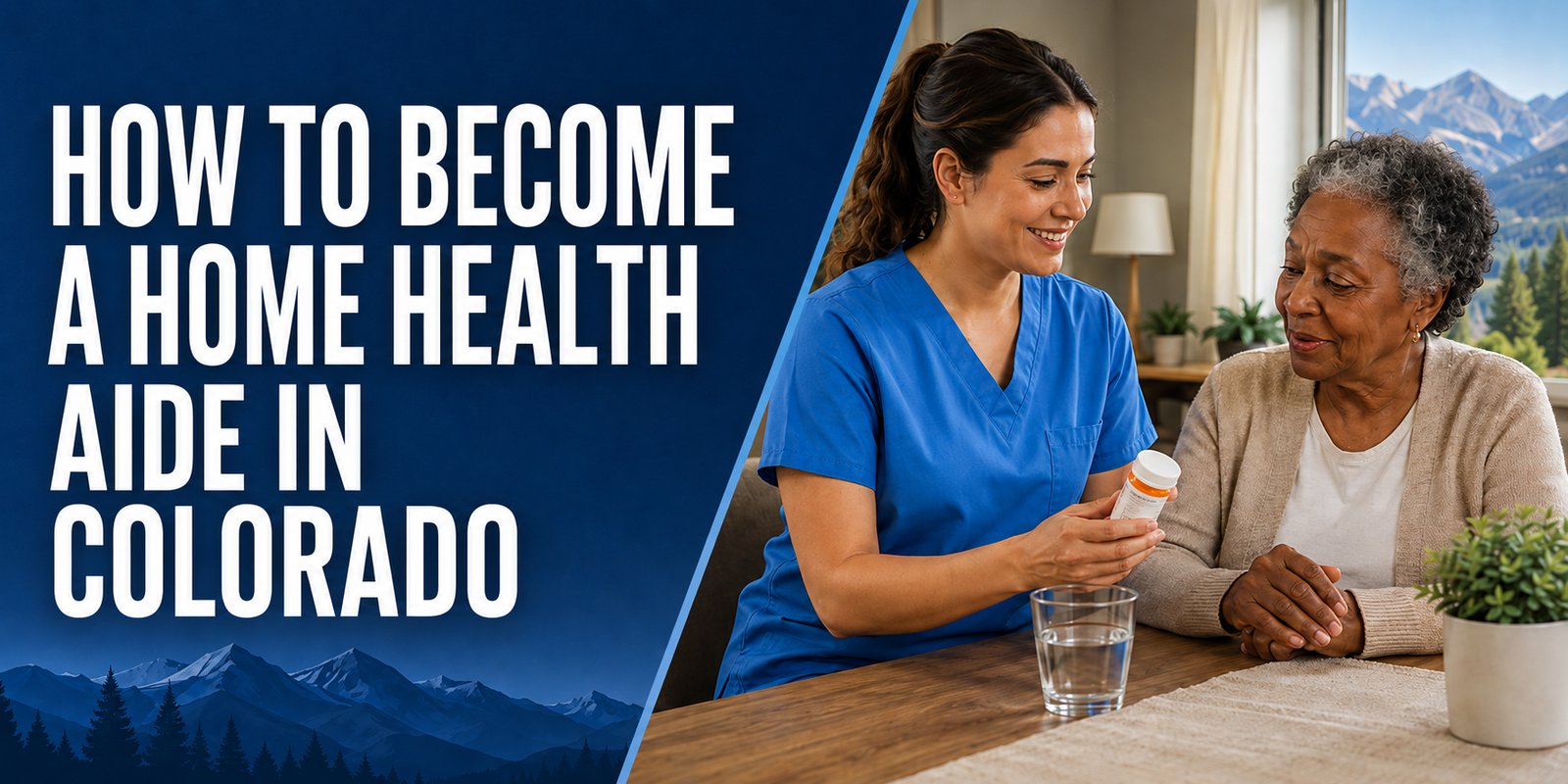 A caregiver in scrubs shows a medication bottle to an elderly client, a mountain view through the window, with the text How to Become a Home Health Aide in Colorado.