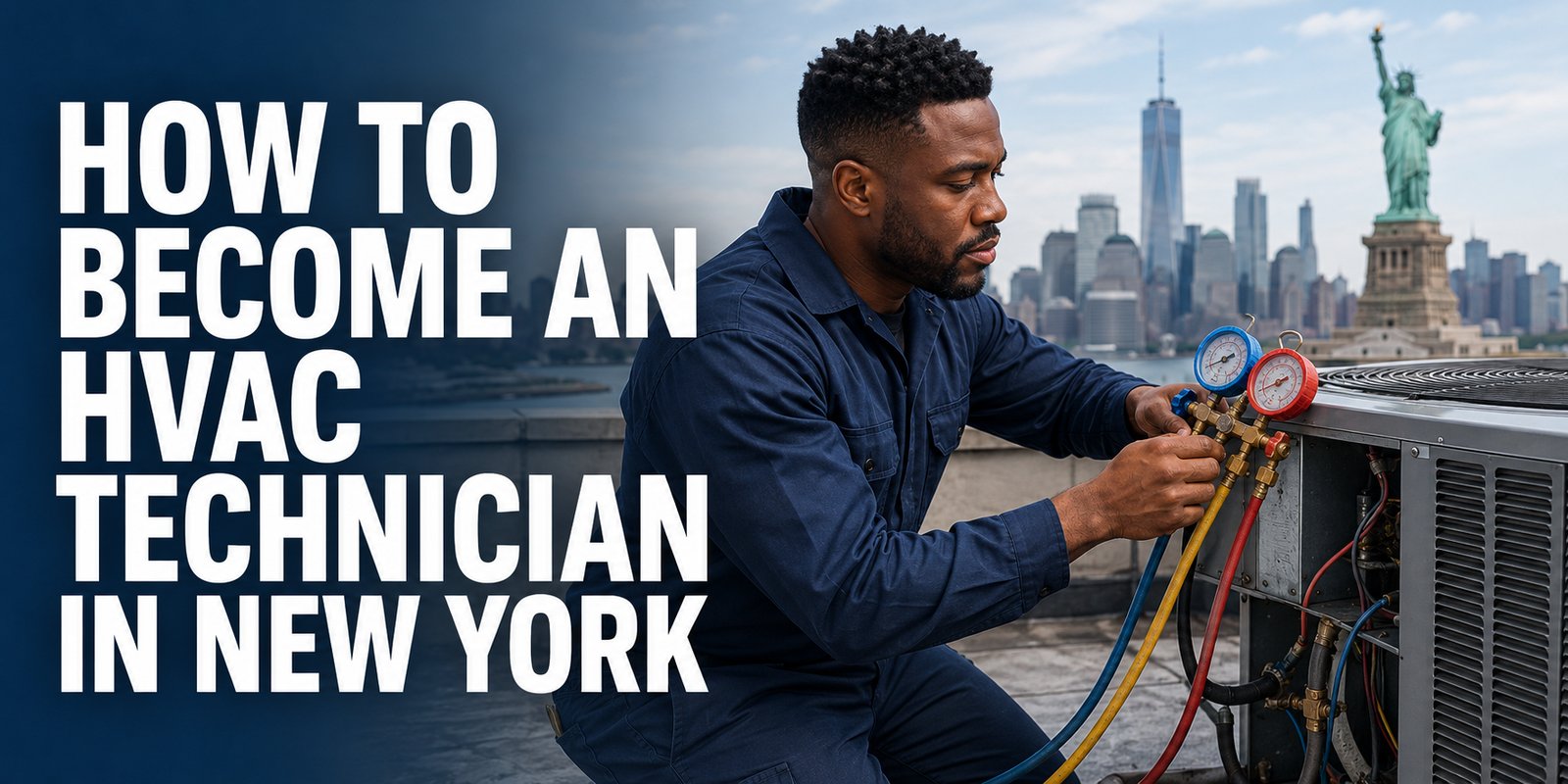 An HVAC tech checks refrigerant gauges on an outdoor AC unit, the Statue of Liberty and Manhattan skyline behind him, with the text How to Become an HVAC Technician in New York.