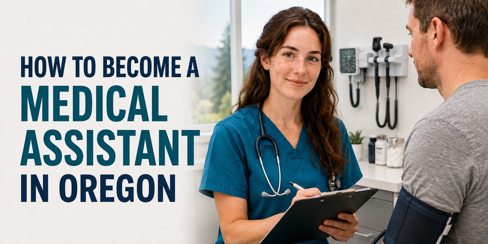 A woman in teal scrubs takes notes beside a patient wearing a blood pressure cuff, forest beyond the window, with the text How to Become a Medical Assistant in Oregon.