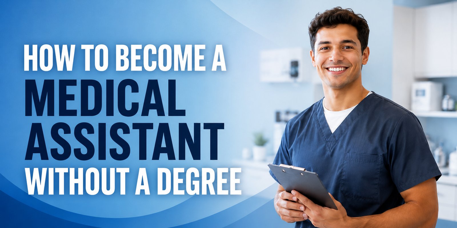 A smiling man in navy scrubs holds a clipboard in a bright clinic, with the text How to Become a Medical Assistant Without a Degree.