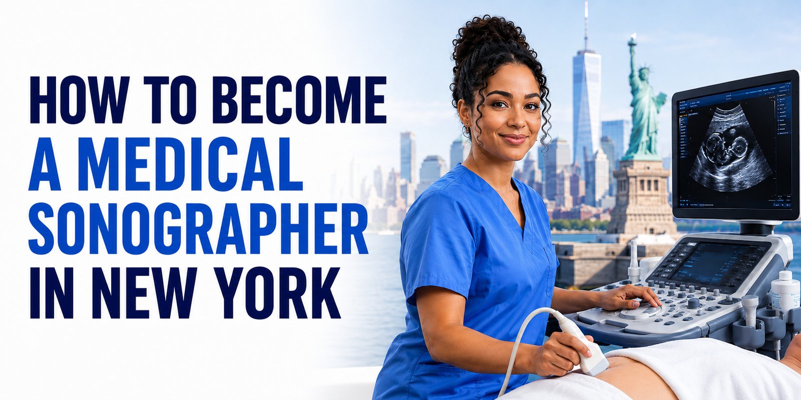A sonographer scans a patient's belly with a fetal image on the monitor, the Statue of Liberty behind her, with the text How to Become a Medical Sonographer in New York.