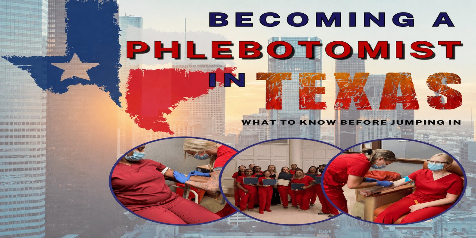 In three photos, phlebotomy trainees in red scrubs practice blood draws and a class holds certificates, with the text Becoming a Phlebotomist in Texas and the subheading What to Know Before Jumping In.