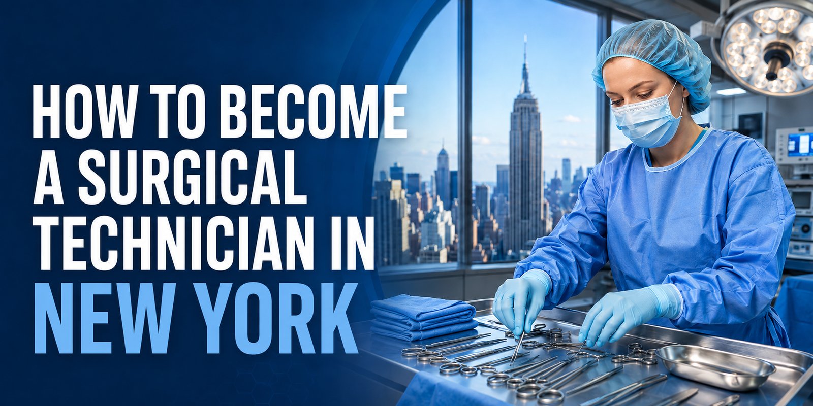 A gowned surgical tech lays out instruments on a tray under an operating room light, the Empire State Building behind her, with the text How to Become a Surgical Technician in New York.
