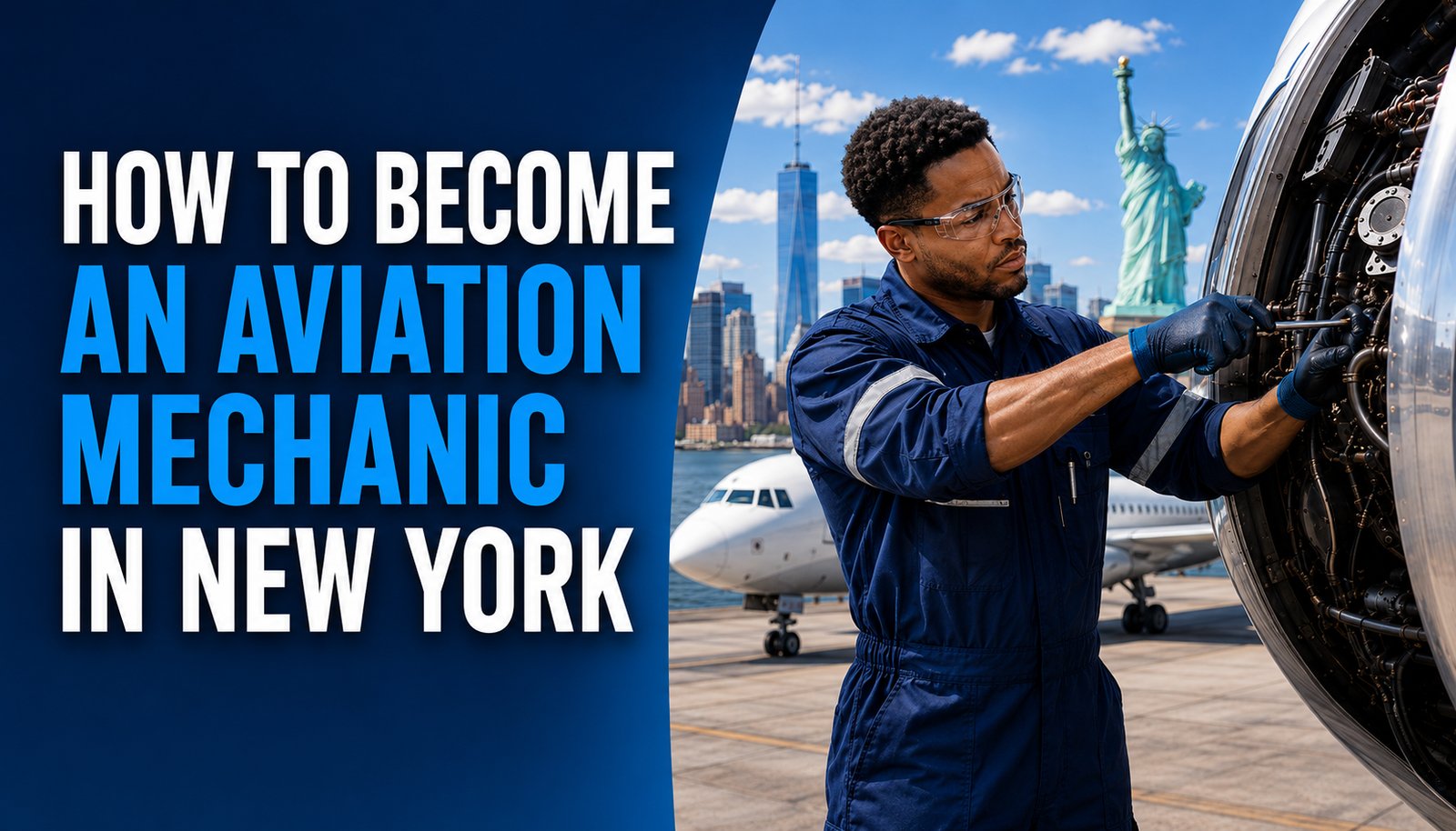A mechanic in coveralls services an aircraft's jet engine, a parked plane and the Statue of Liberty behind him, with the text How to Become an Aviation Mechanic in New York.