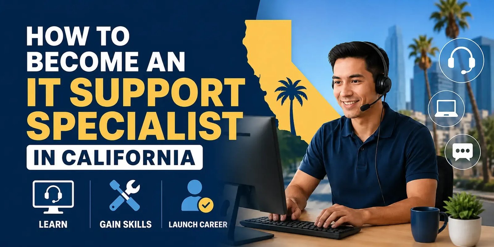 IT support specialist working at a computer with California-themed graphics and career pathway icons.