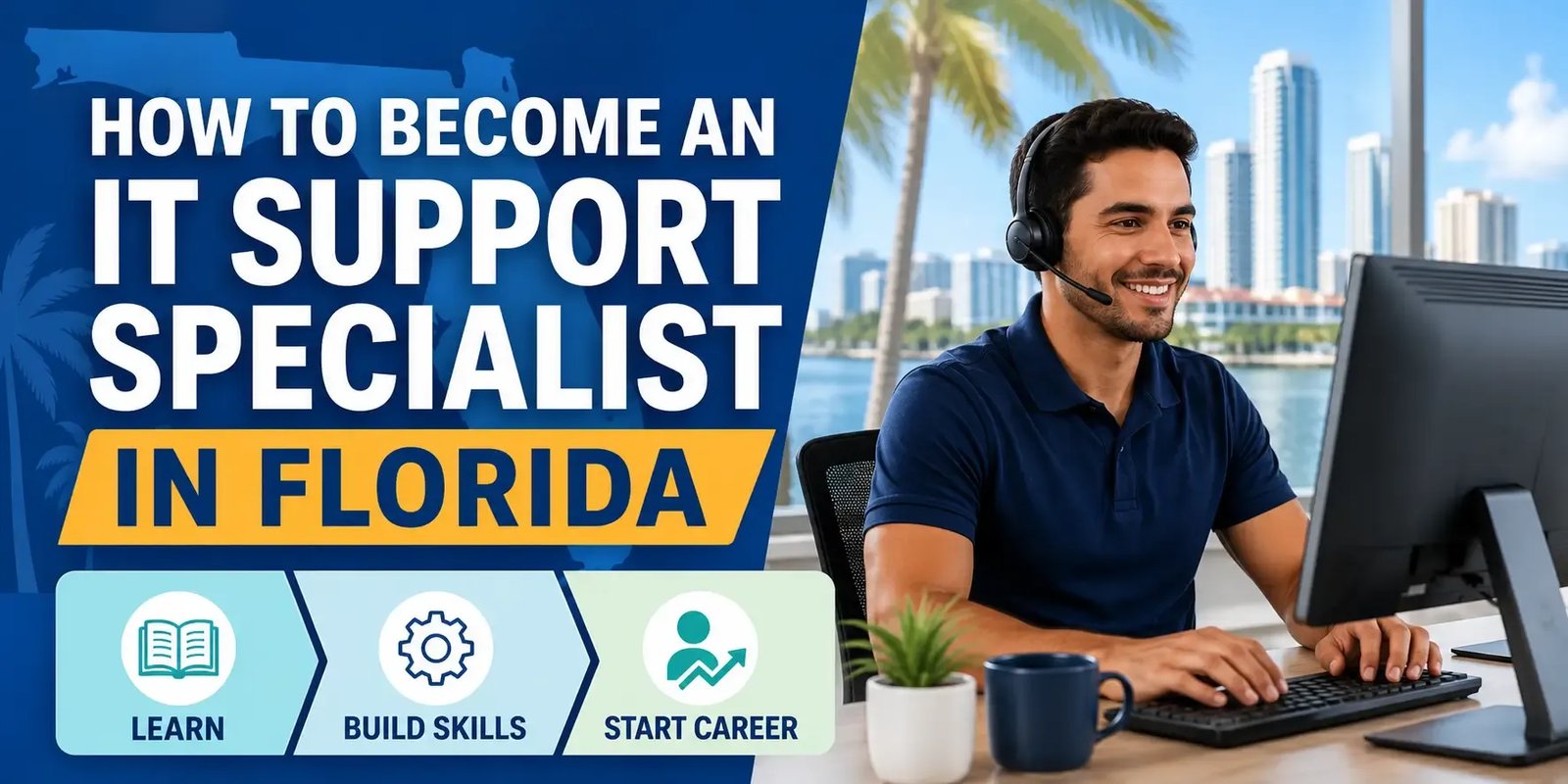IT support specialist working at a computer with Florida-themed city and palm tree scenery.