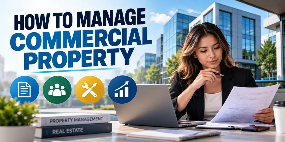 A female commercial property manager in a blazer reviews a document at a laptop outside a modern commercial building, with the text How to Manage Commercial Property.