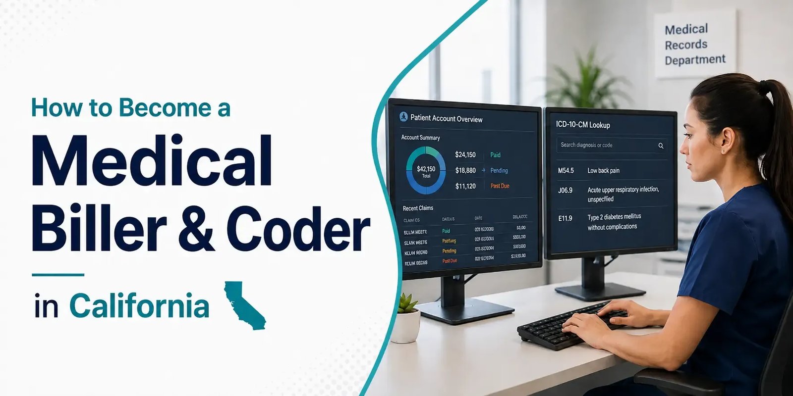 Medical biller and coder working at dual monitors with healthcare billing and coding records, with California highlighted.