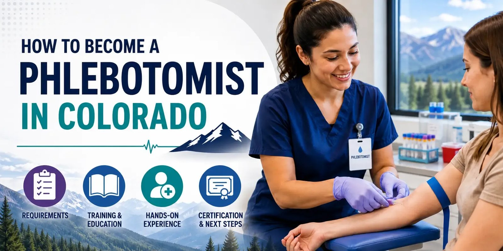 Phlebotomist in scrubs drawing blood from a patient beside bold text reading “How to Become a Phlebotomist in Colorado,” with icons for requirements, training, hands-on experience, and certification.