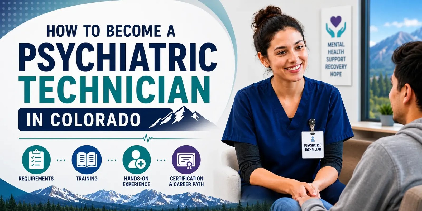Psychiatric technician in scrubs speaking with a patient beside bold text reading “How to Become a Psychiatric Technician in Colorado,” with icons for requirements, training, hands-on experience, and certification.