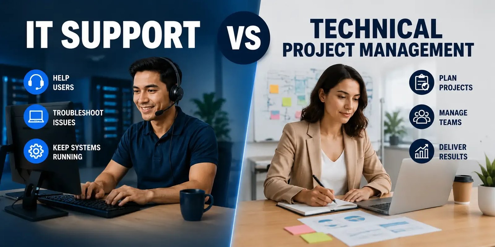IT support specialist and technical project manager working in contrasting office environments with icons showing their core responsibilities.