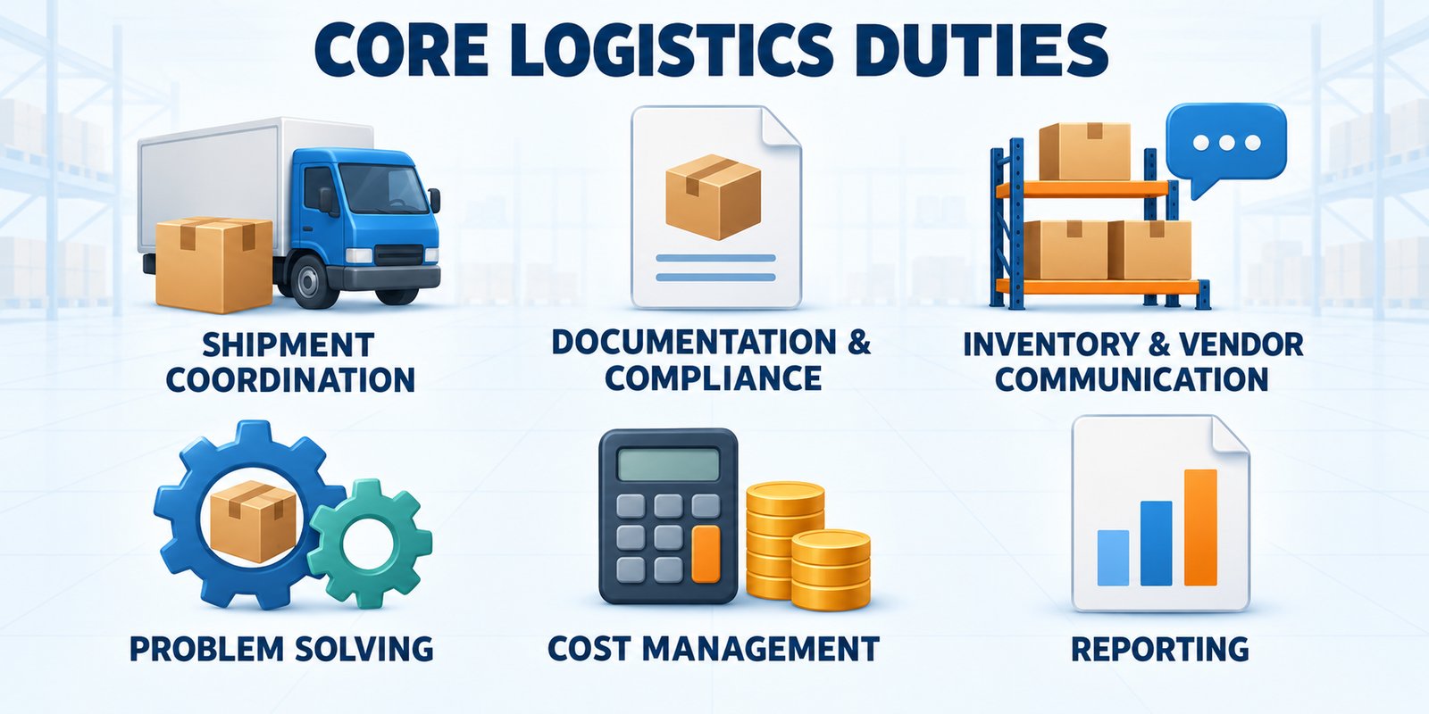 Six core logistics duties: shipment coordination, documentation and compliance, inventory and vendor communication, problem solving, cost management, and reporting.