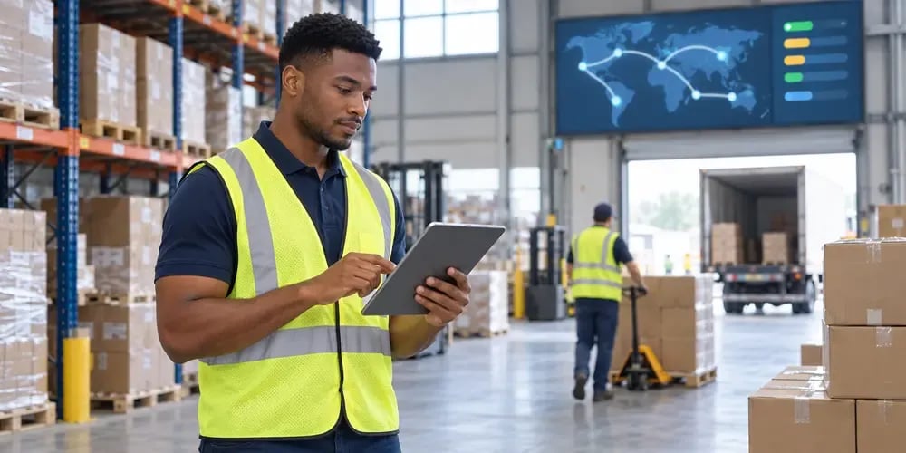 A man in a yellow hi-vis vest taps a tablet in a warehouse, a coworker moving a pallet jack behind him.