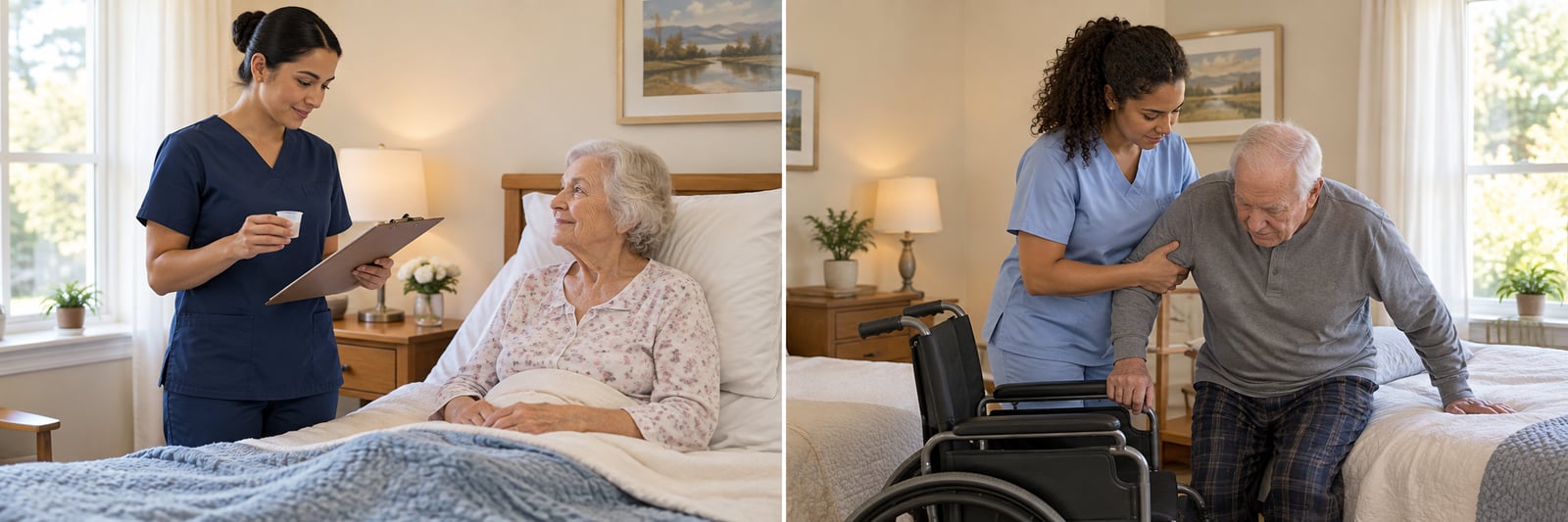 LVN vs CNA difference: an LVN gives medication at a bedside and a CNA helps a patient into a wheelchair