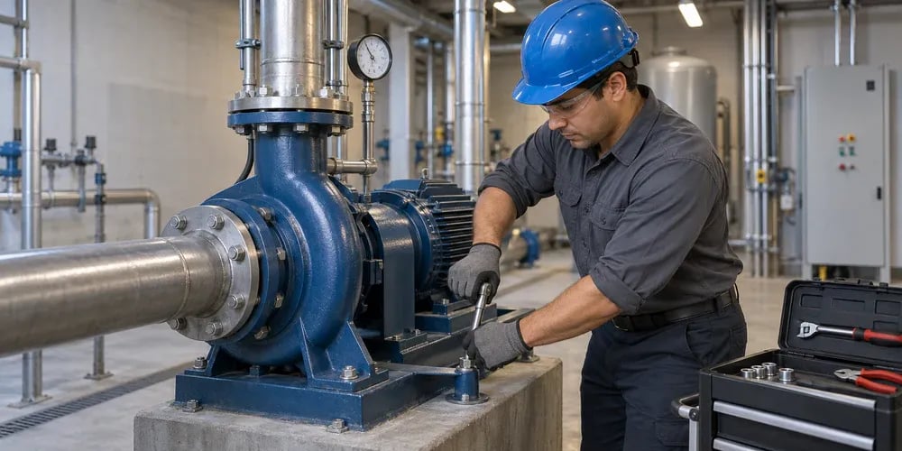 A maintenance technician in a blue hard hat uses a wrench on an industrial pump, an open toolbox beside him.