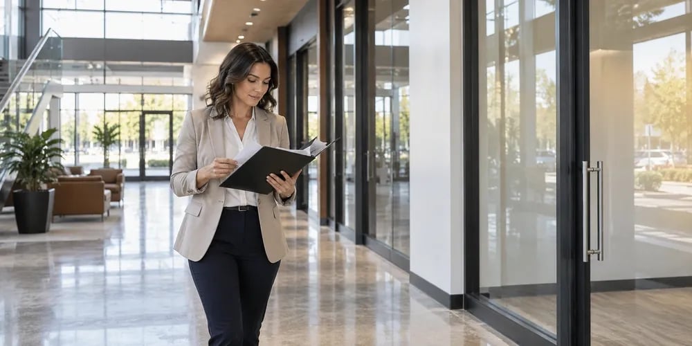 A commercial property manager walks through a bright, modern office lobby, reading papers from a folder.