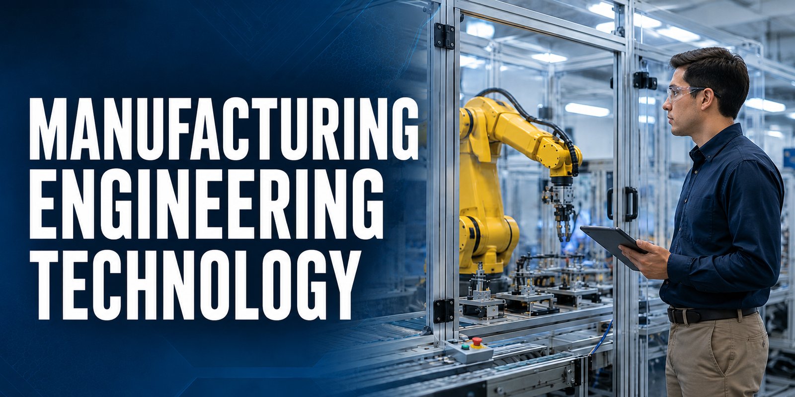 A manufacturing engineering technologist in safety glasses holds a tablet beside a yellow robotic arm in an automation cell, with the text Manufacturing Engineering Technology.