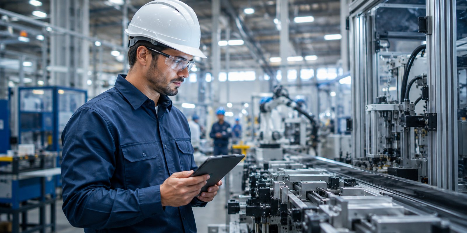 A manufacturing engineer in a hard hat and safety glasses checks a tablet on a factory floor beside an automated production line.