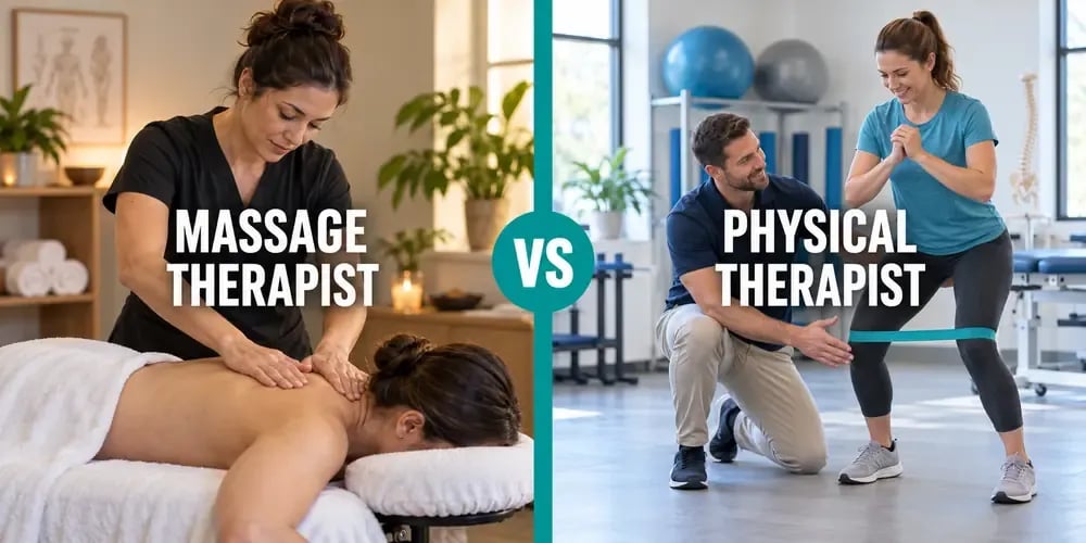A split comparison headed Massage Therapist vs. Physical Therapist: a massage therapist works on a woman's upper back, while a physical therapist guides a resistance-band squat.