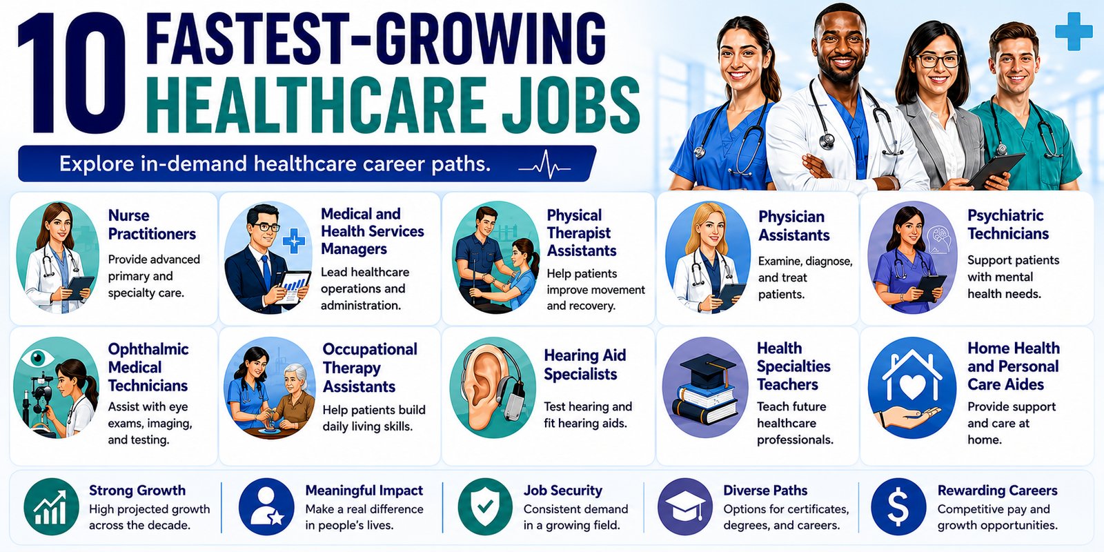 Infographic titled "10 Fastest-Growing Healthcare Jobs" listing nurse practitioners, medical and health services managers, physical therapist assistants, physician assistants, psychiatric technicians, ophthalmic medical technicians, occupational therapy assistants, hearing aid specialists, health specialties teachers, and home health and personal care aides.