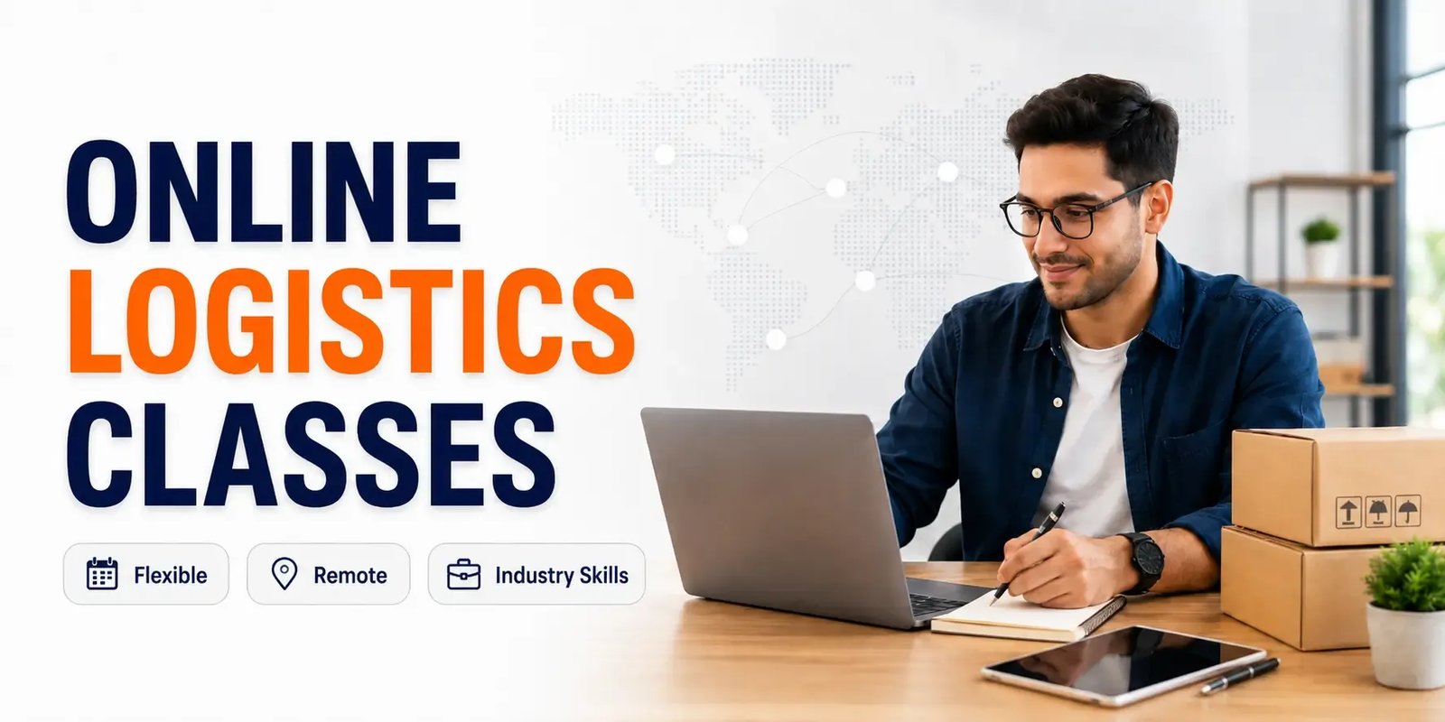Student taking online logistics classes on a laptop at a desk with shipping boxes and a subtle global logistics network graphic.